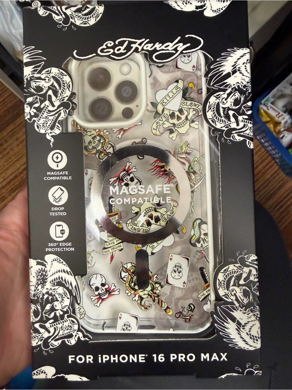 Ed Hardy Clear Tattoo-Style Skull & Cards iPhone 16Pro Max Case - White